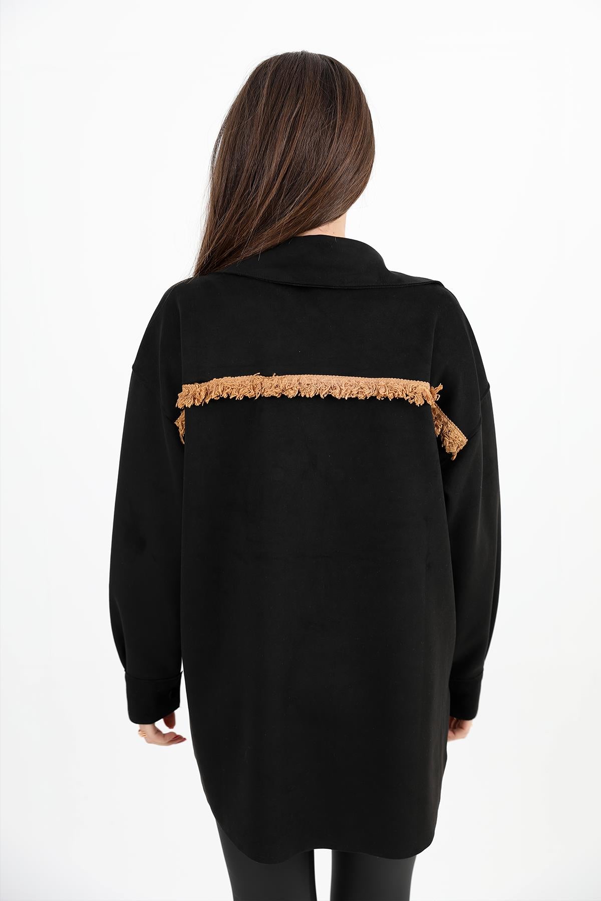 Women's Shirt Pocket Tasseled Embroidered Suede - Black - STREETMODE ™