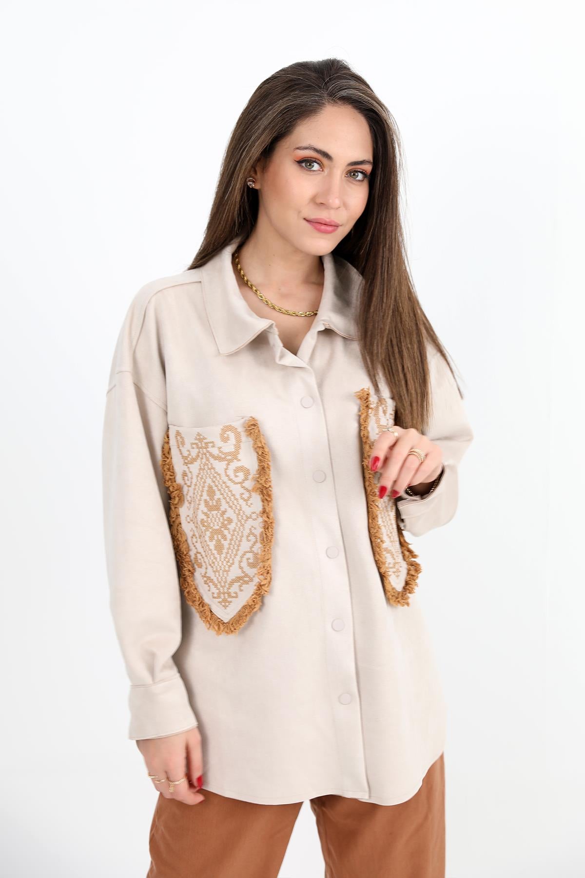 Women's Shirt Pocket Tasseled Embroidered Suede - Stone - STREETMODE ™
