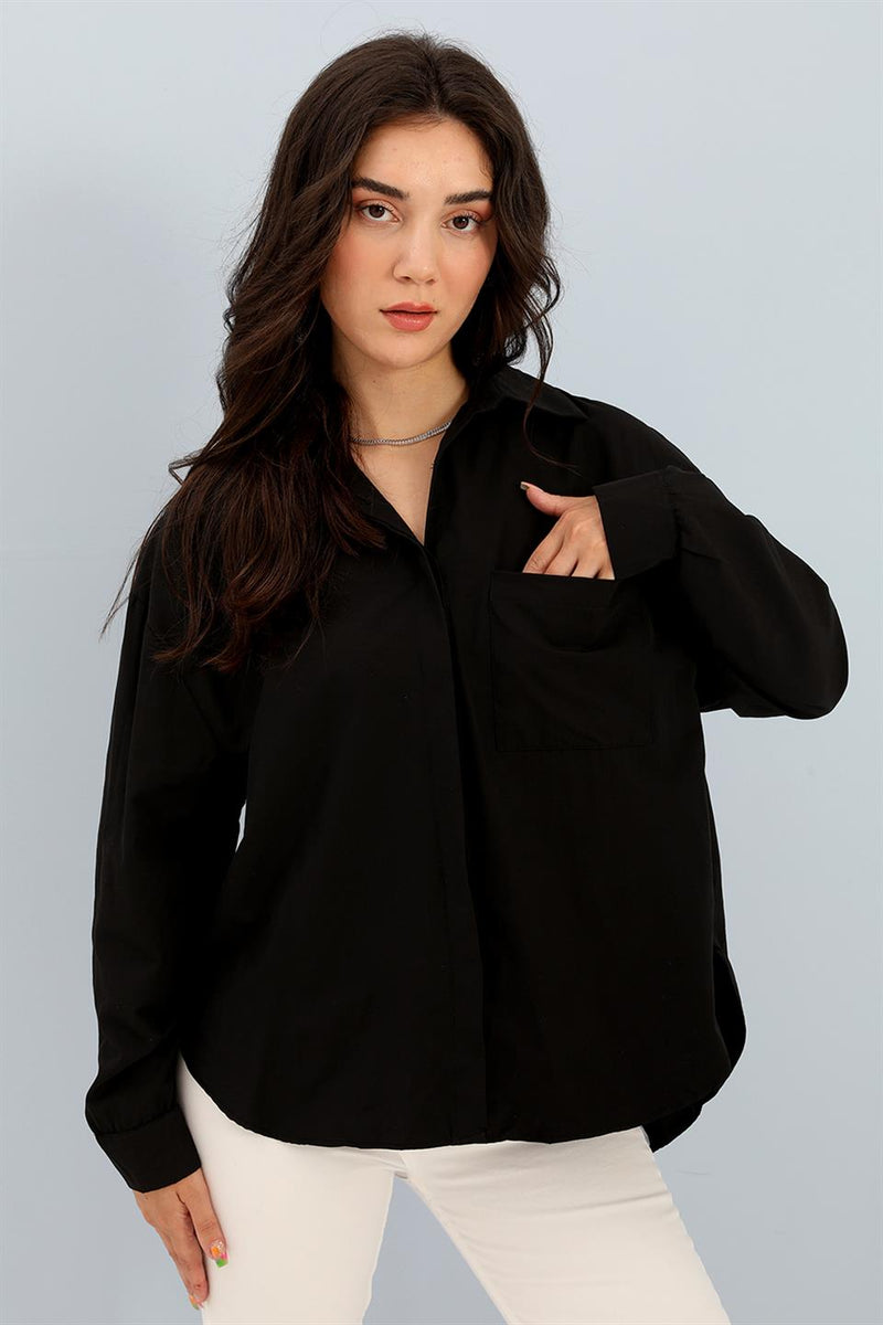 Women's Shirt with Pocket Chain Detail - Black - STREETMODE ™