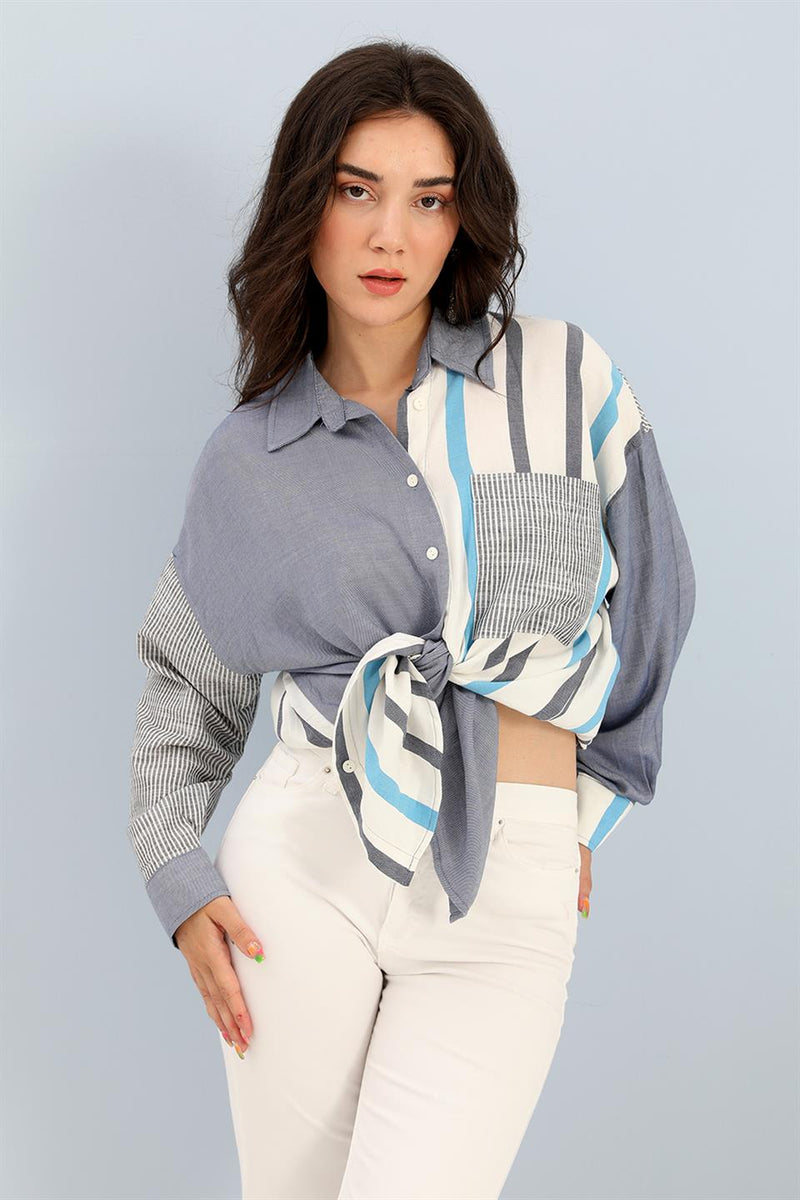 Women's Shirt with Pockets Garnish - Blue - STREET MODE ™