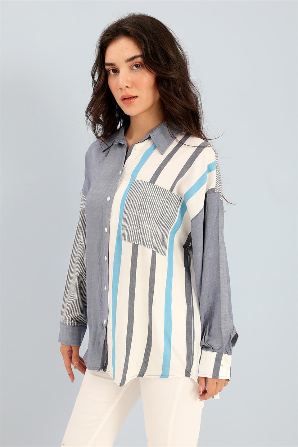Women's Shirt with Pockets Garnish - Blue - STREET MODE ™