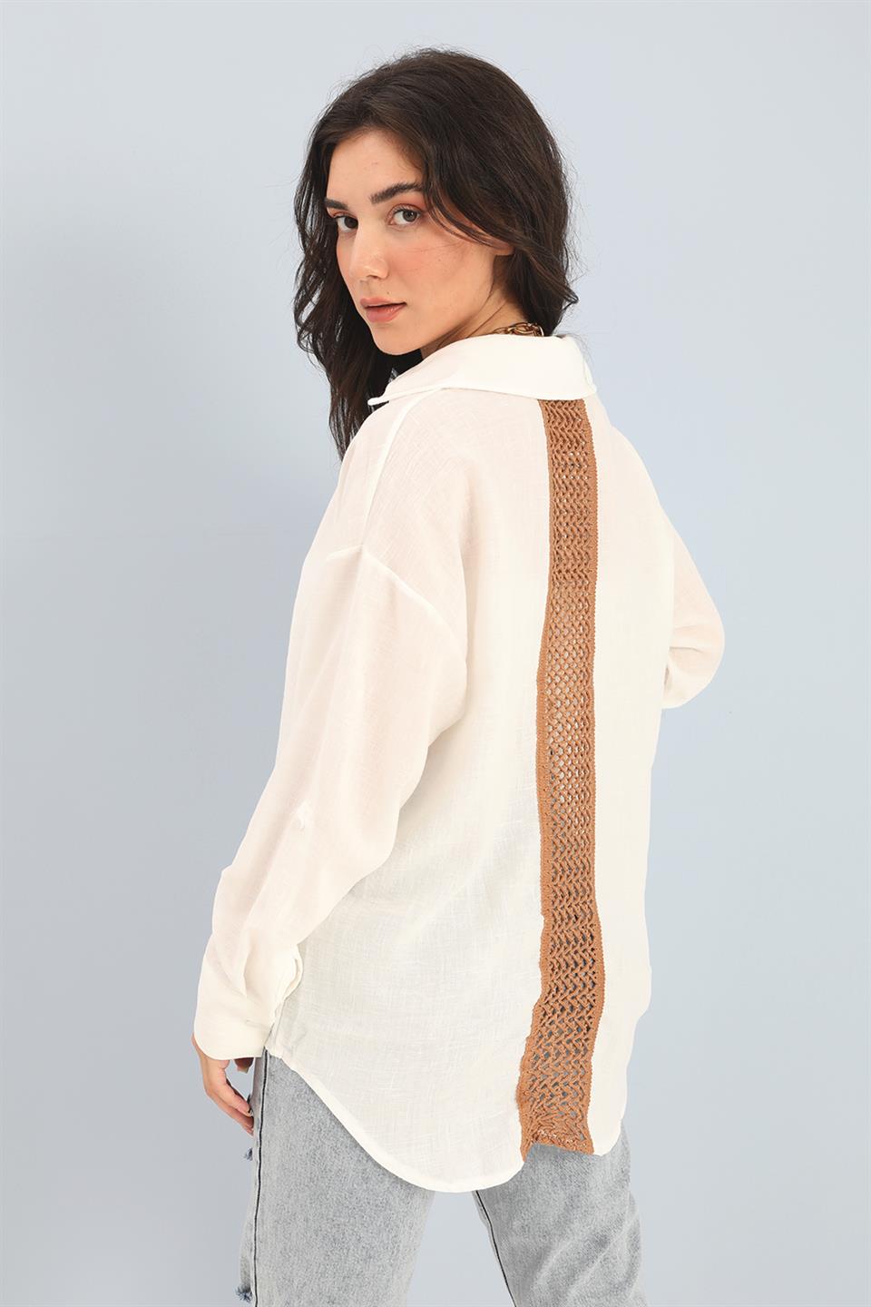 Women's Shirt Lace Detailed Linen - Ecru - STREETMODE ™