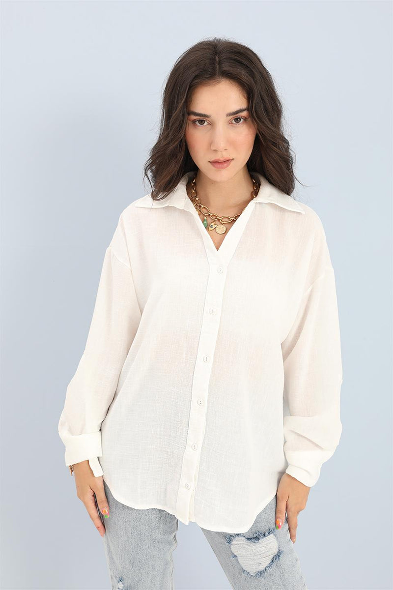 Women's Shirt Lace Detailed Linen - Ecru - STREETMODE ™