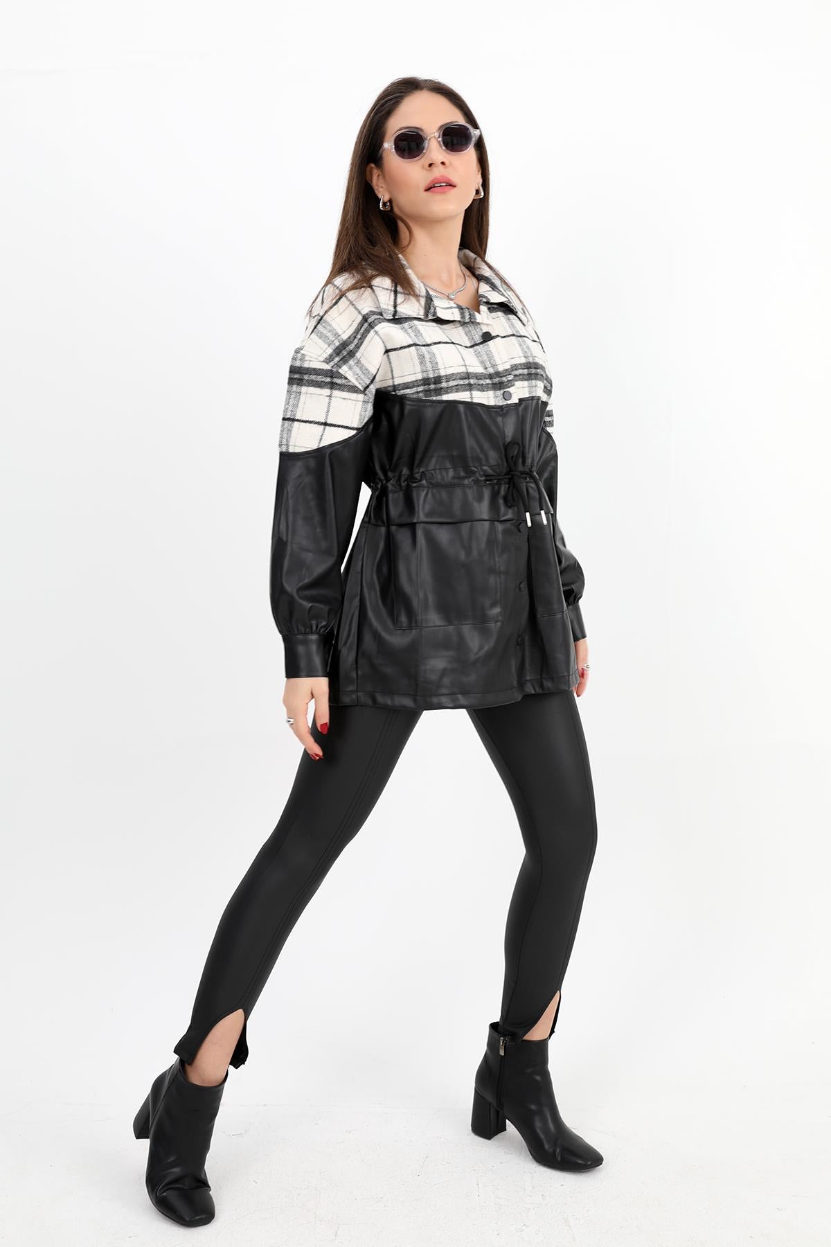 Women's Shirt Leather Plaid Garnished with Elastic Waist and Snap Fasteners - Black - STREETMODE ™