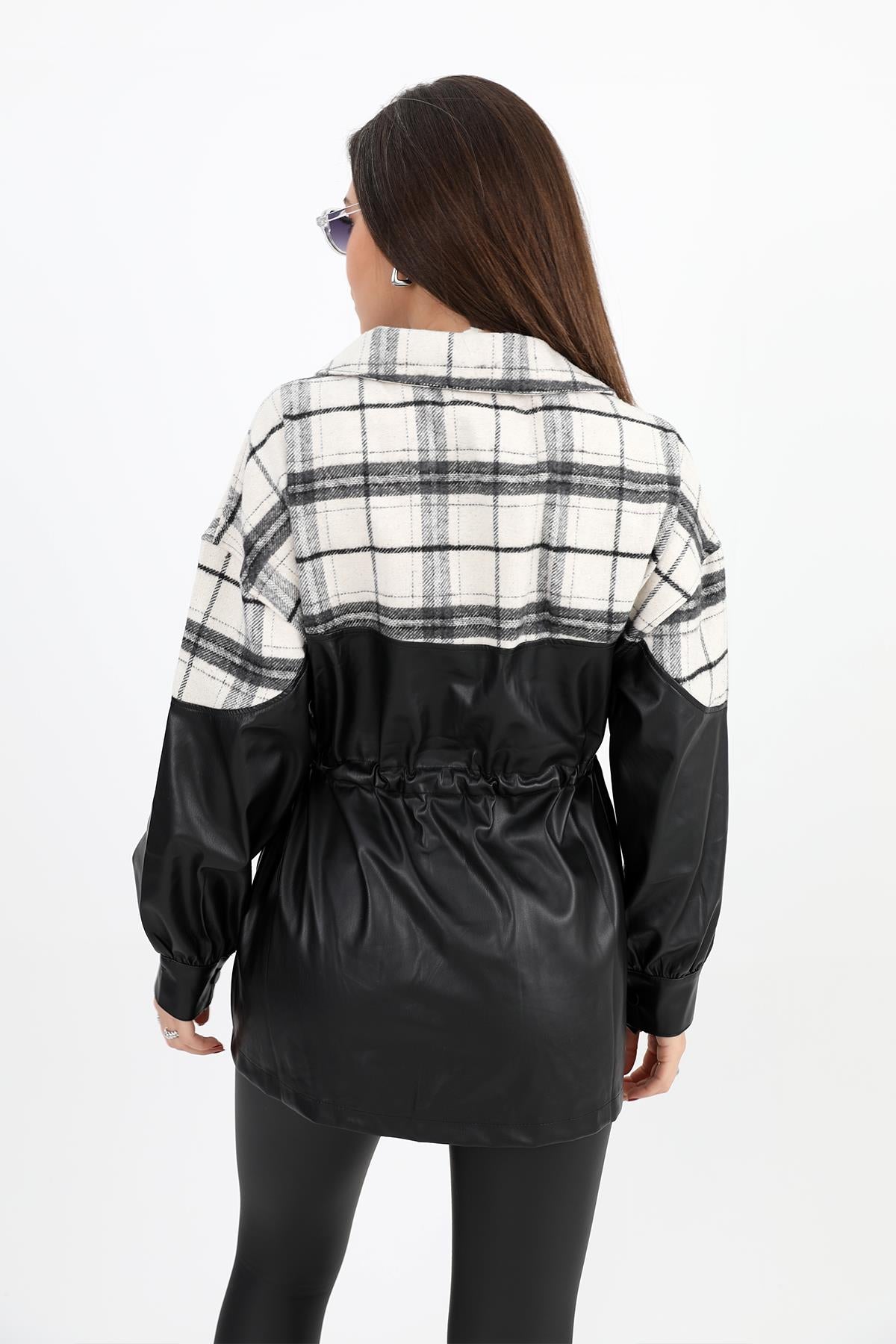 Women's Shirt Leather Plaid Garnished with Elastic Waist and Snap Fasteners - Black - STREETMODE ™