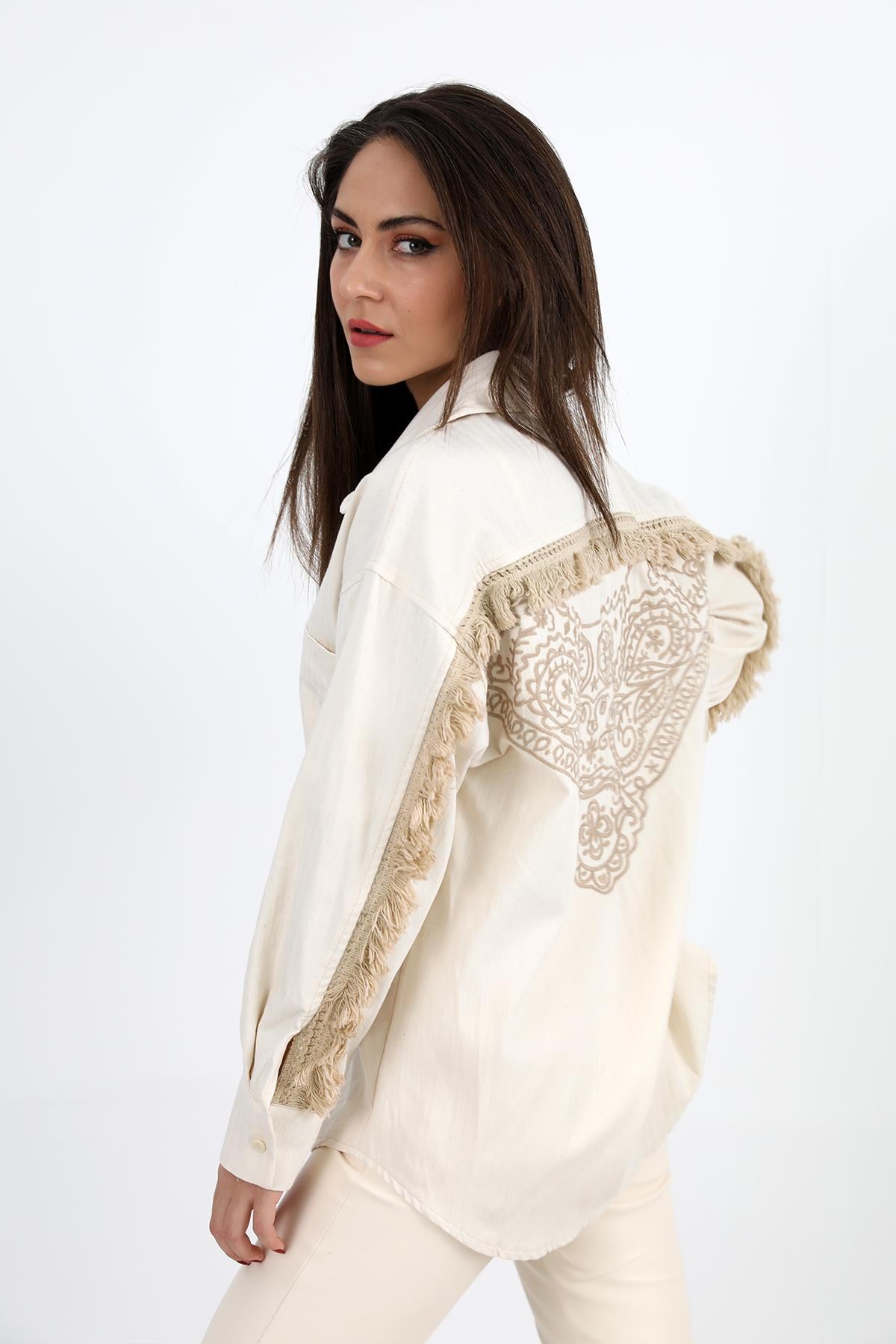 Women's Shirt Gabardine with Embroidered Tassels on the Back - Beige - STREETMODE ™