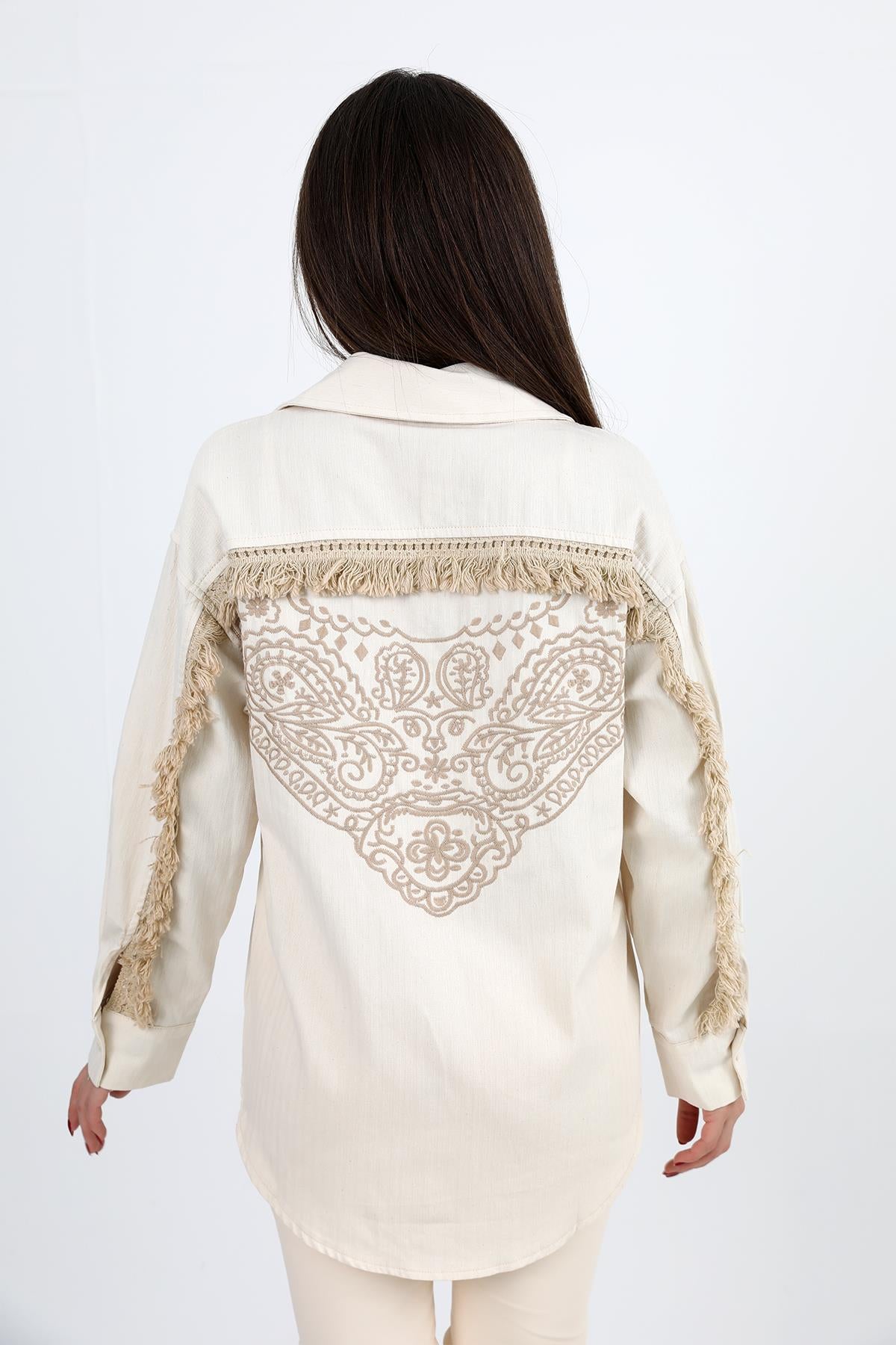 Women's Shirt Gabardine with Embroidered Tassels on the Back - Beige - STREETMODE ™