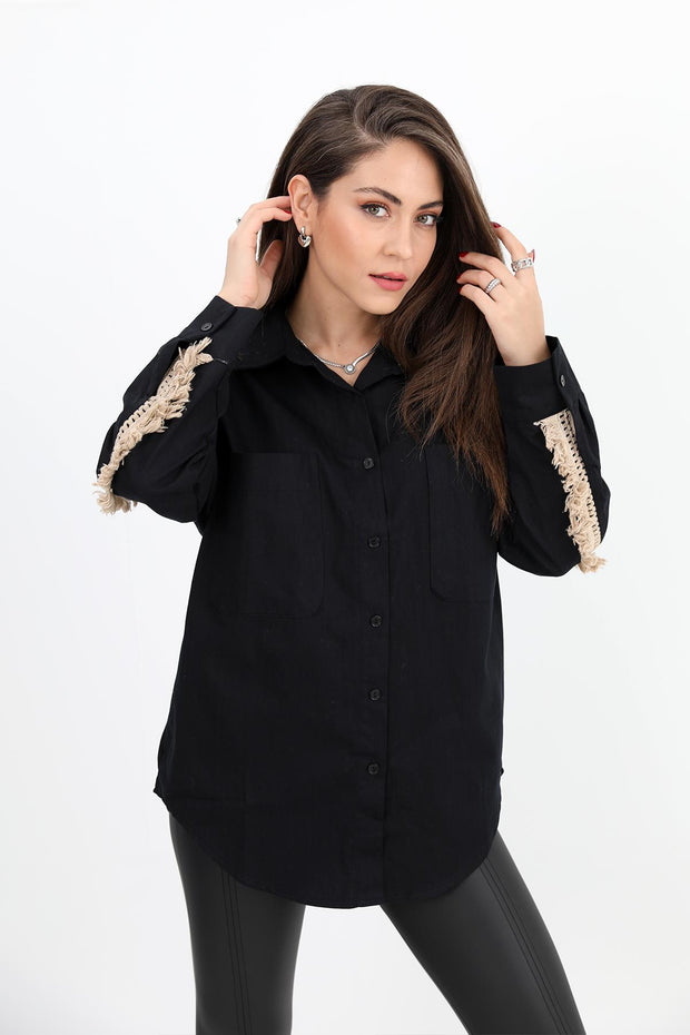 Women's Shirt Gabardine Embroidered on the Back with Tassels