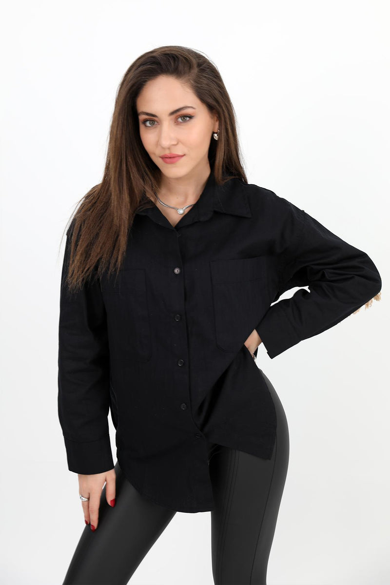 Women's Shirt Gabardine Embroidered on the Back with Tassels - Black - STREETMODE ™