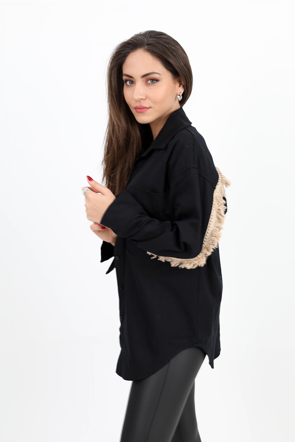 Women's Shirt Gabardine Embroidered on the Back with Tassels - Black - STREETMODE ™