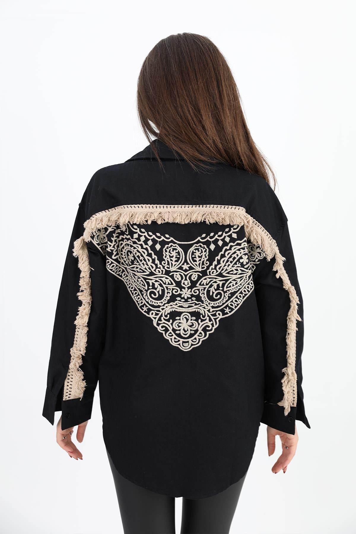 Women's Shirt Gabardine Embroidered on the Back with Tassels - Black - STREETMODE ™