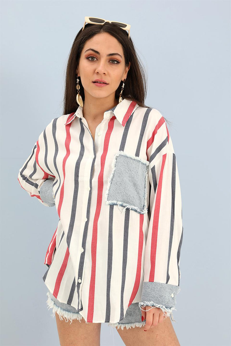 Women's Shirt Linen Garnish Striped Jeans - Navy Blue - STREET MODE ™