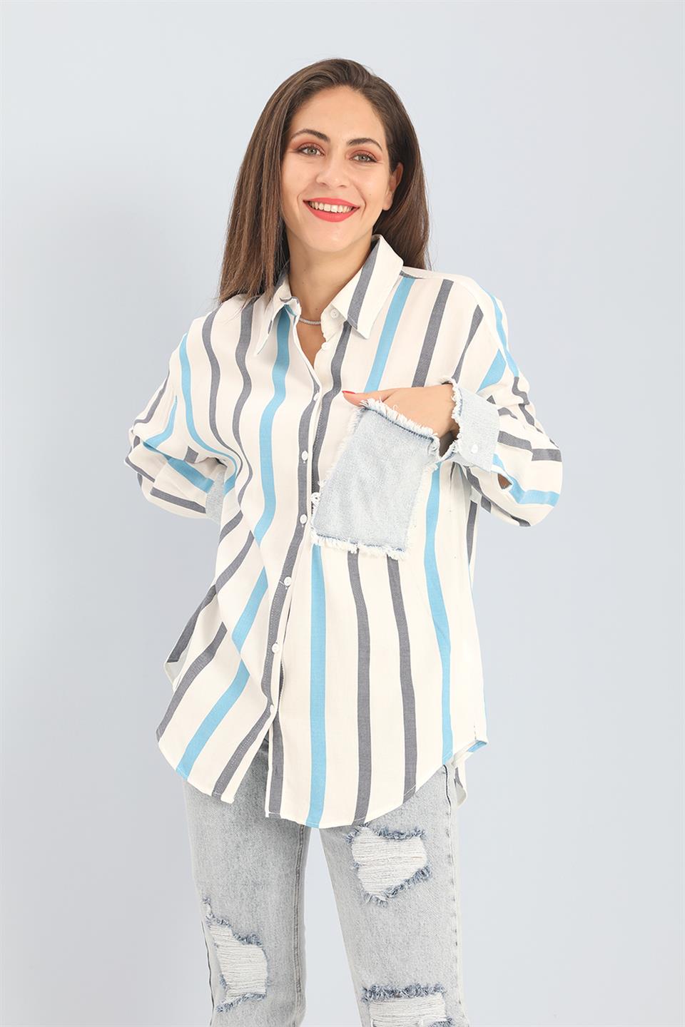 Women's Shirt Linen Garnish Striped Jeans - Blue - STREETMODE ™