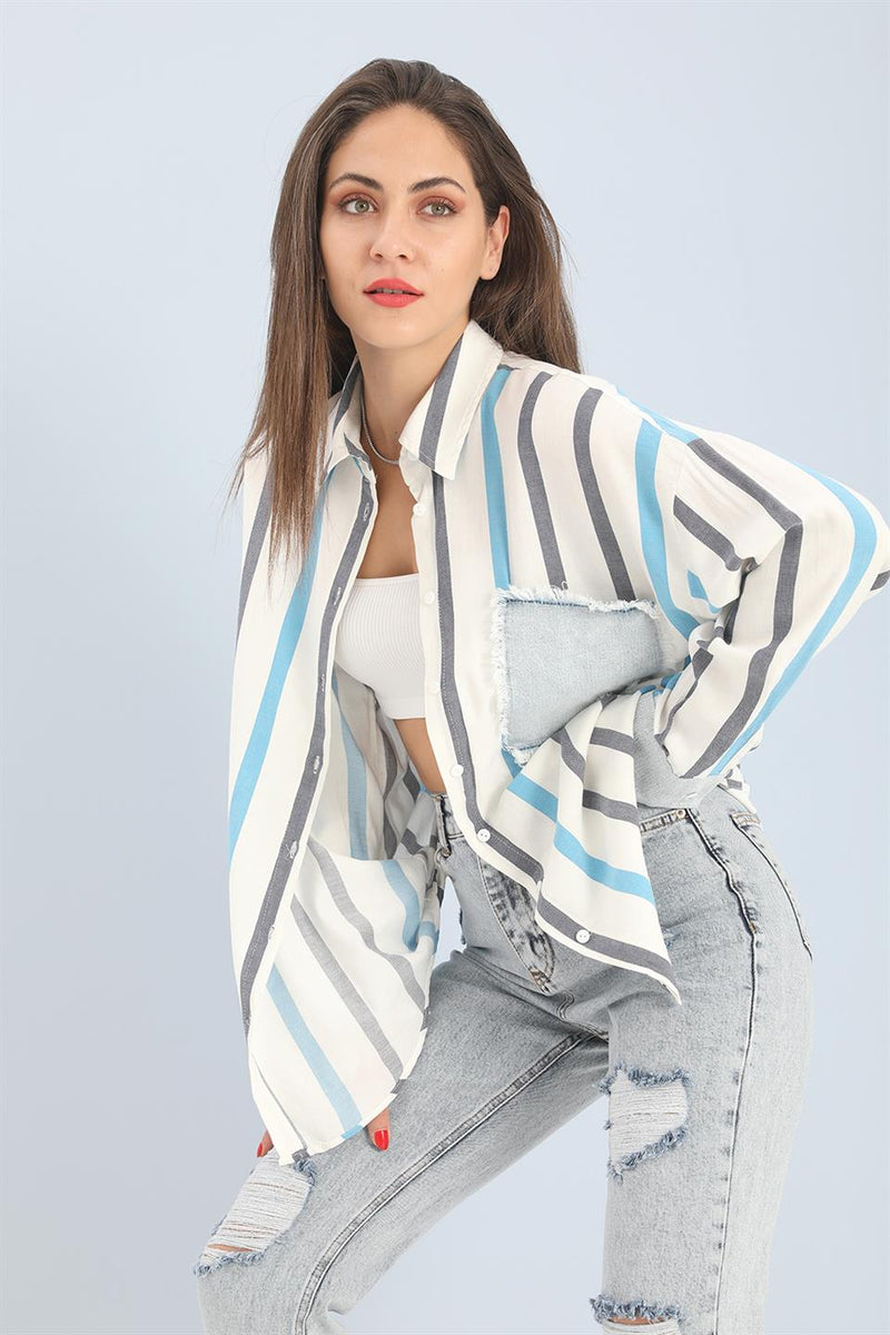 Women's Shirt Linen Garnish Striped Jeans - Blue - STREETMODE ™