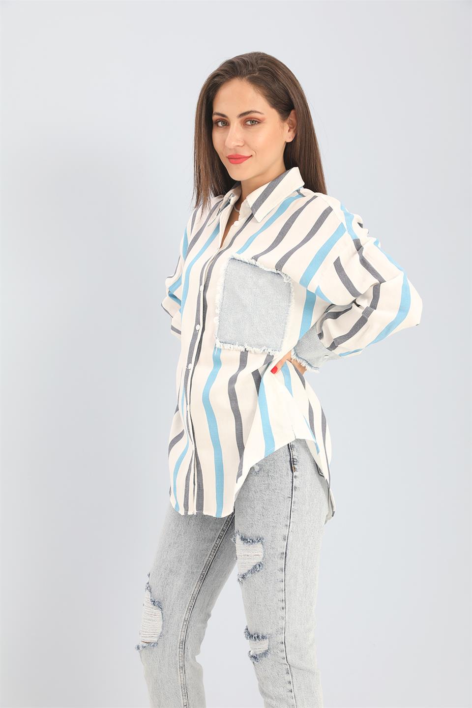 Women's Shirt Linen Garnish Striped Jeans - Blue - STREETMODE ™