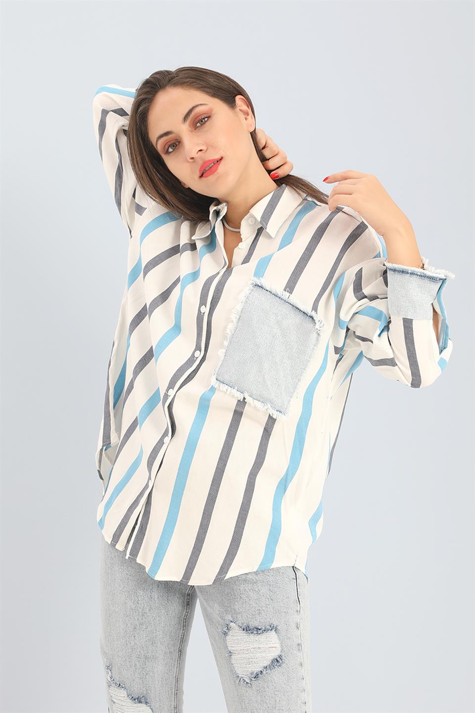 Women's Shirt Linen Garnish Striped Jeans - Blue - STREETMODE ™