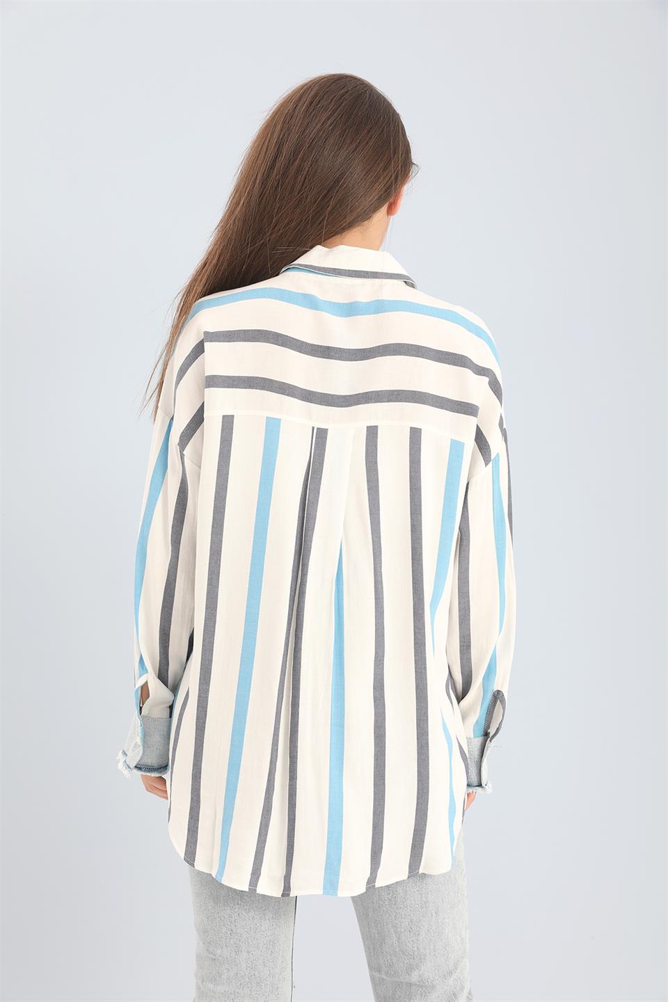 Women's Shirt Linen Garnish Striped Jeans - Blue - STREETMODE ™