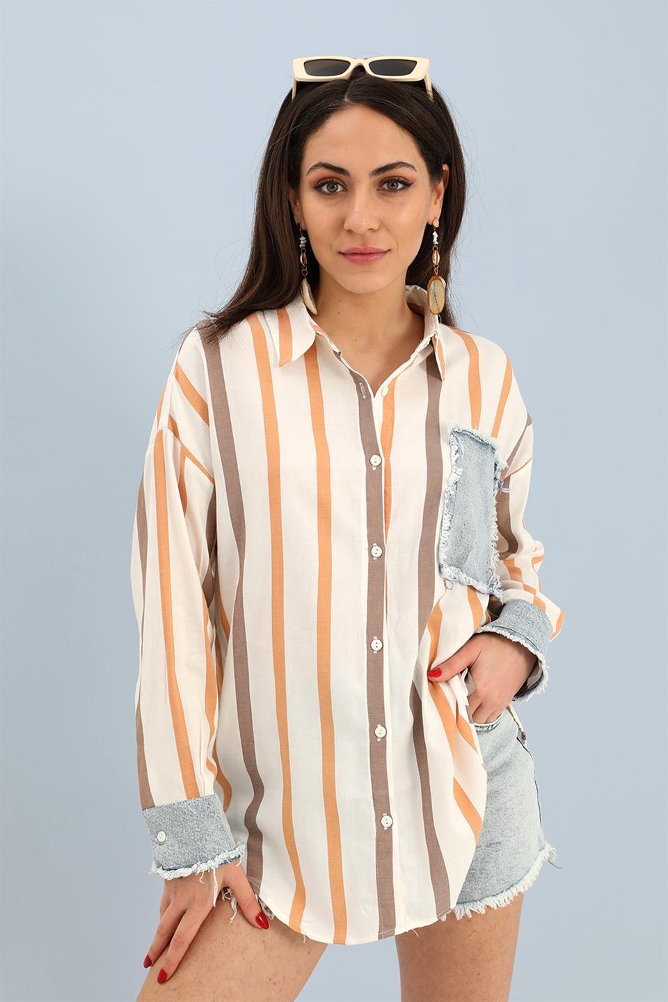 Women's Shirt Linen Garnish Striped Jeans - Orange - STREETMODE ™