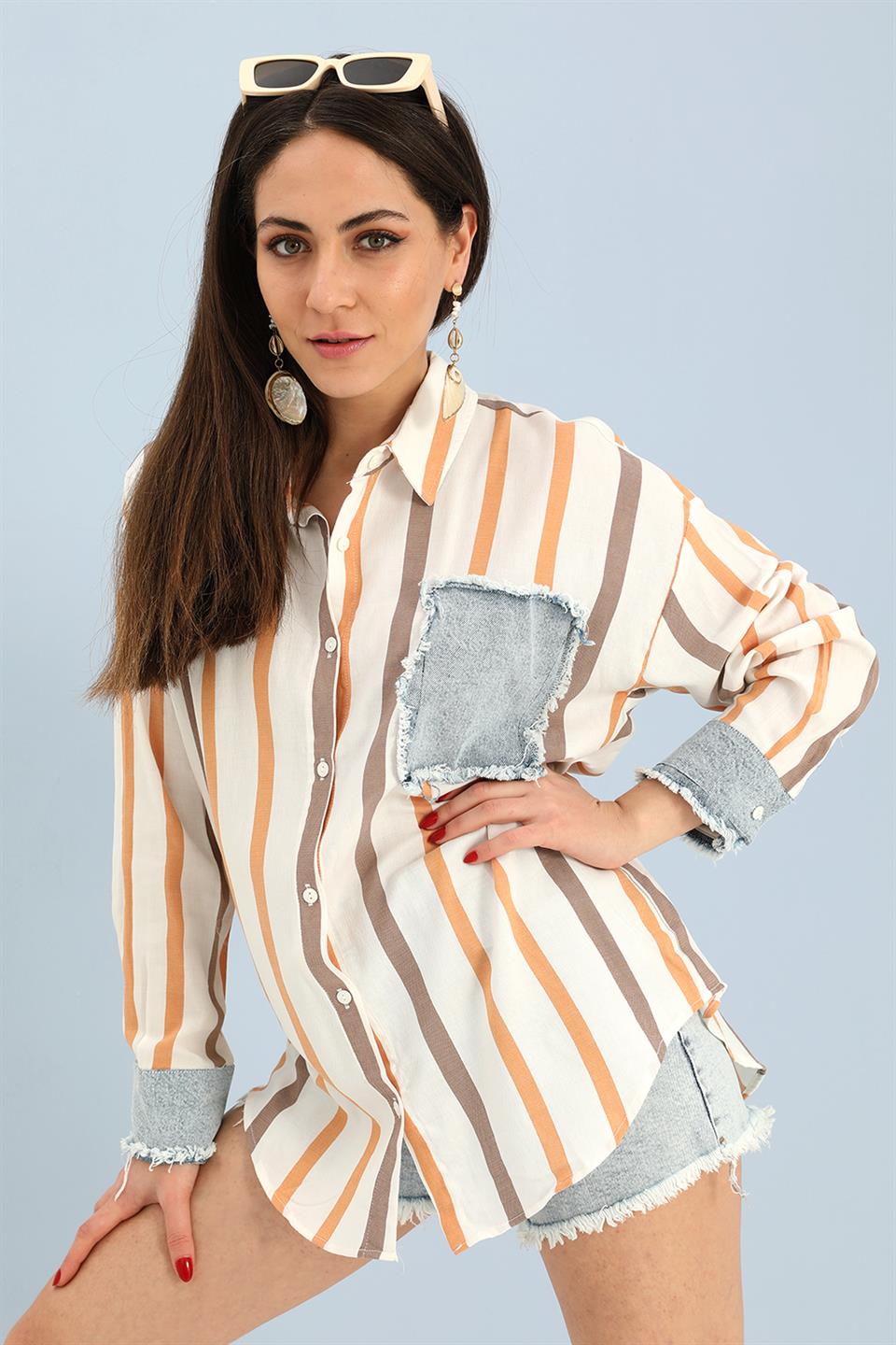 Women's Shirt Linen Garnish Striped Jeans - Orange - STREETMODE ™