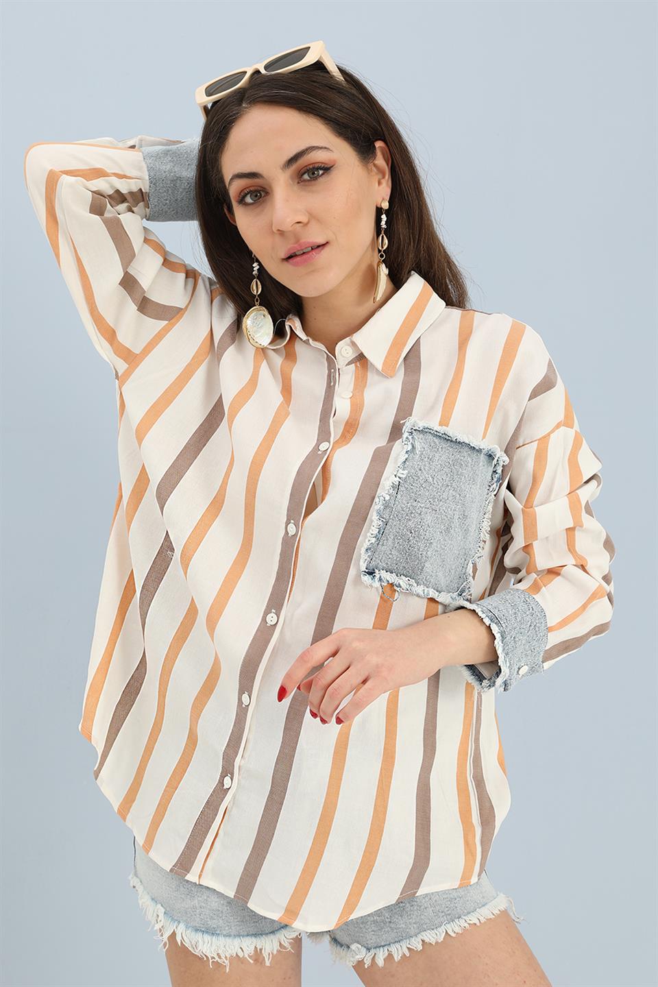 Women's Shirt Linen Garnish Striped Jeans - Orange - STREETMODE ™