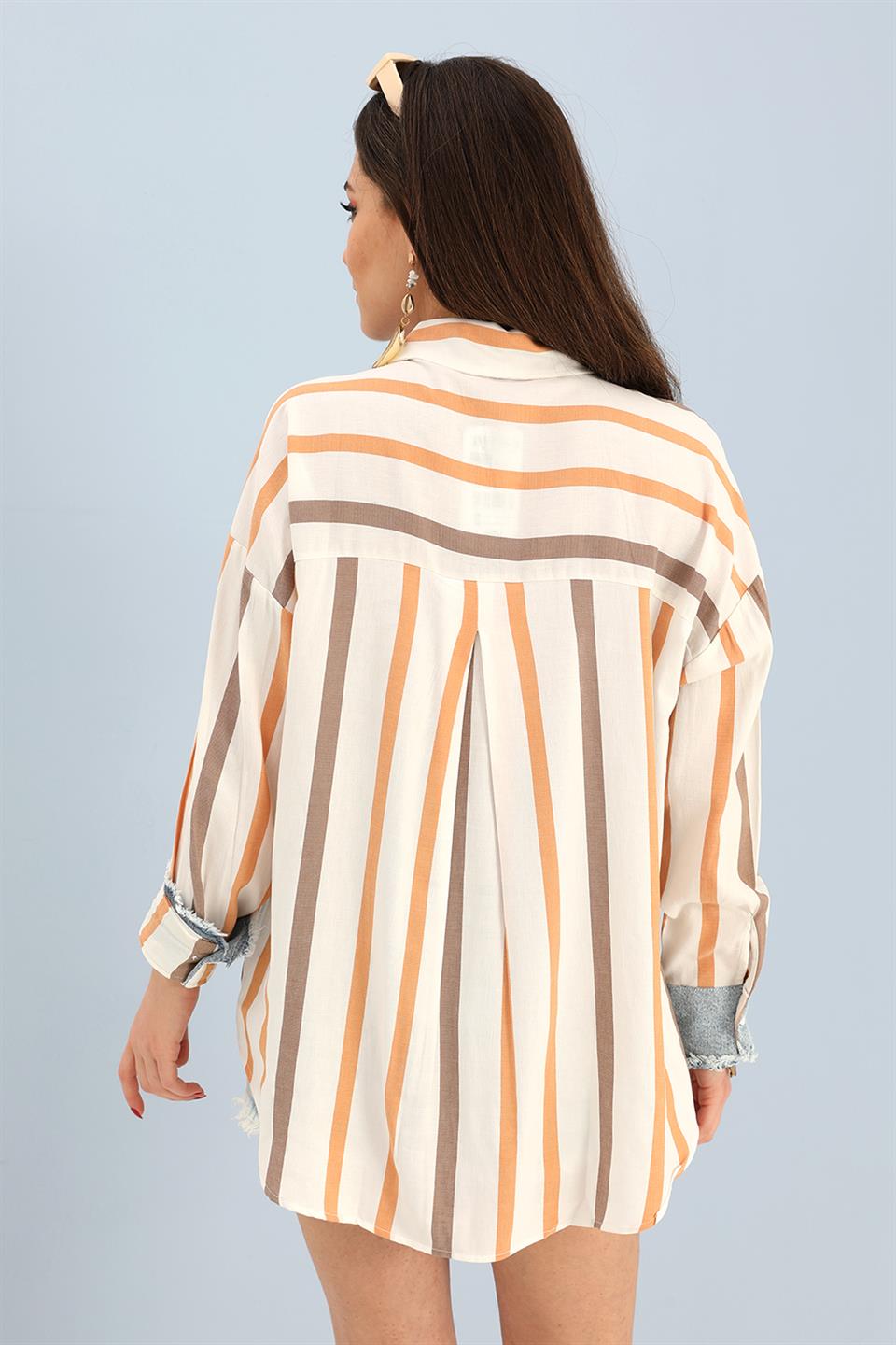 Women's Shirt Linen Garnish Striped Jeans - Orange - STREETMODE ™