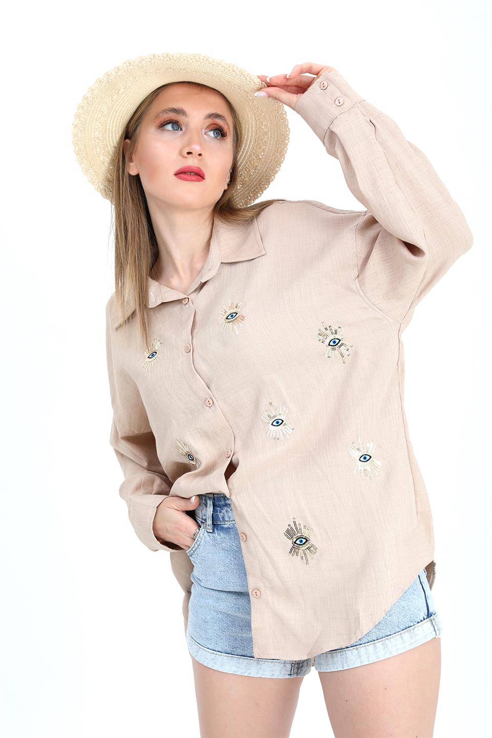 Women's Shirt With Linen Eye Embroidery - Beige - STREET MODE ™