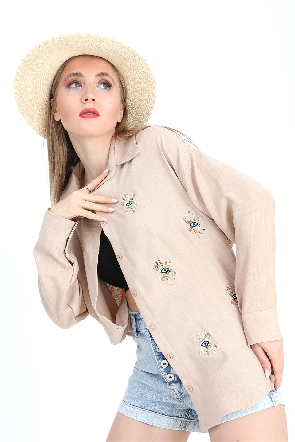 Women's Shirt With Linen Eye Embroidery - Beige - STREET MODE ™