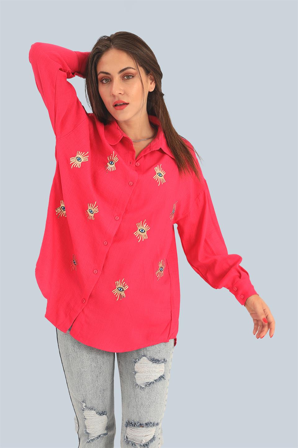 Women's Shirt With Linen Eye Embroidery - Fuchsia - STREETMODE ™