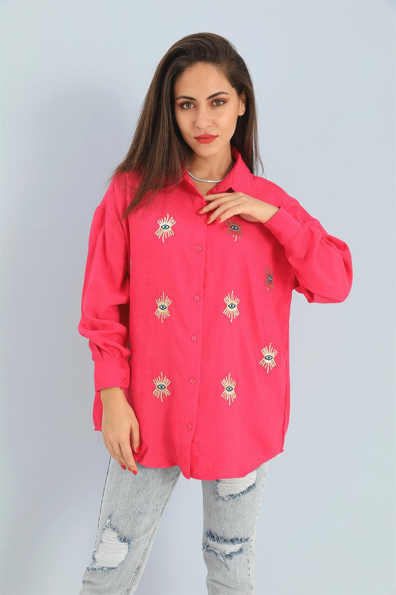 Women's Shirt With Linen Eye Embroidery - Fuchsia - STREETMODE ™