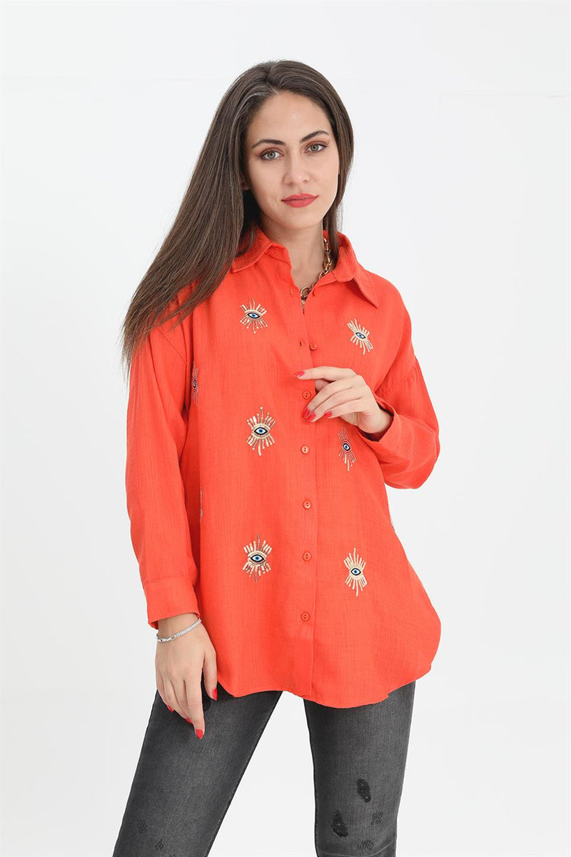 Women's Shirt With Linen Eye Embroidery - Orange - STREET MODE ™