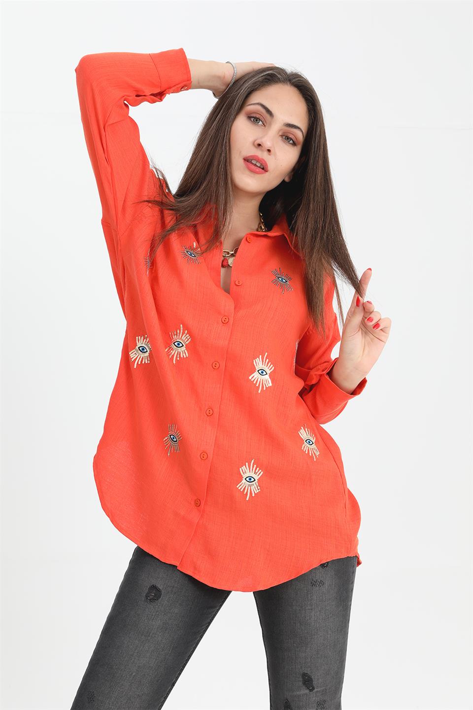 Women's Shirt With Linen Eye Embroidery - Orange - STREET MODE ™