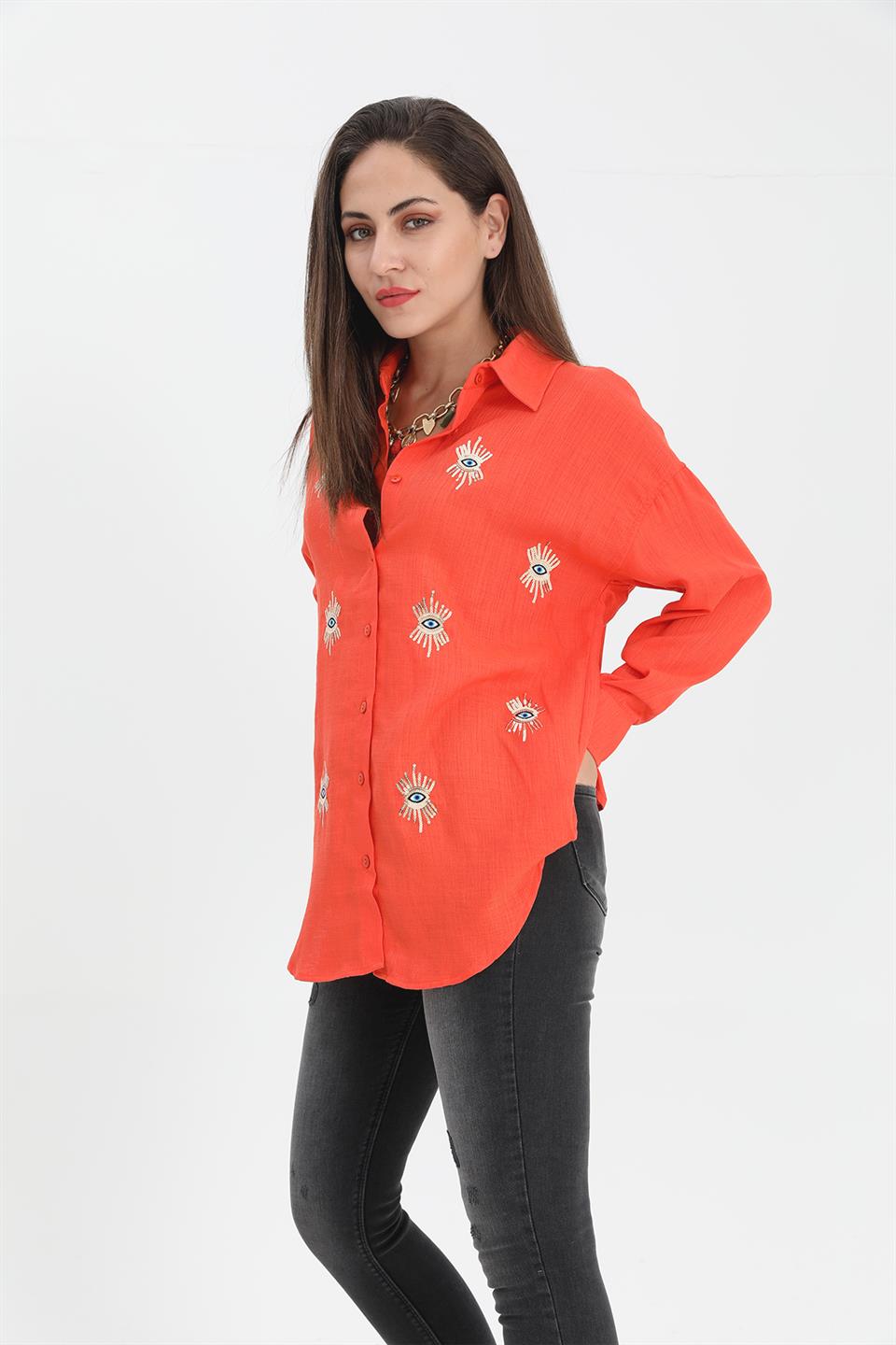 Women's Shirt With Linen Eye Embroidery - Orange - STREET MODE ™