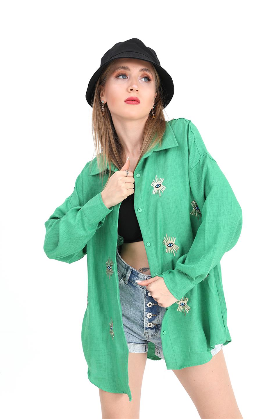 Women's Shirt Linen With Eye Embroidery - Green - STREET MODE ™