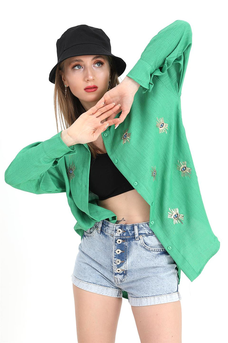 Women's Shirt Linen With Eye Embroidery - Green - STREET MODE ™