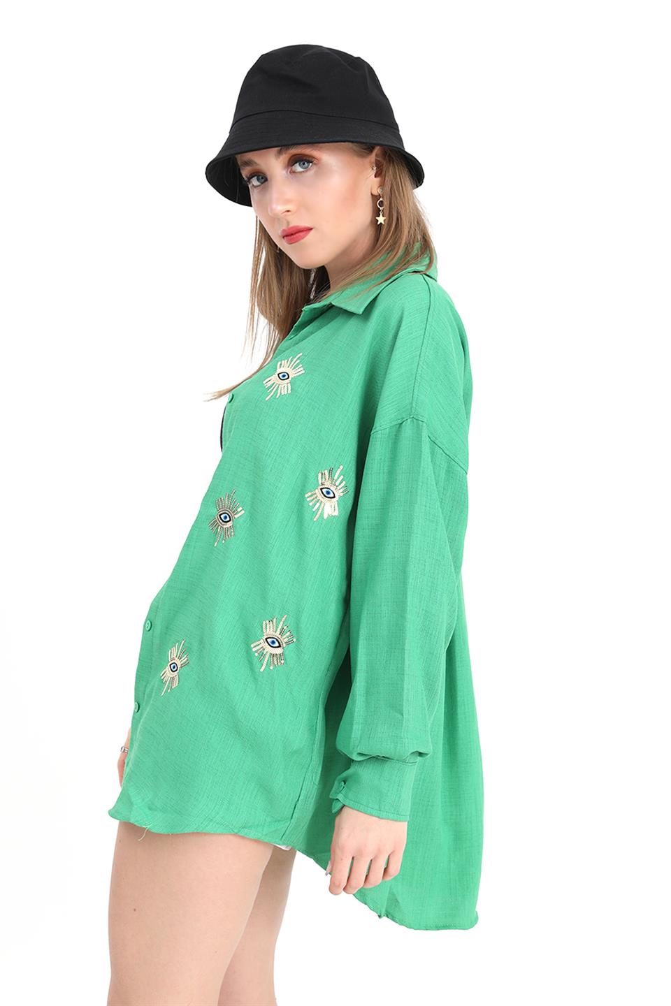 Women's Shirt Linen With Eye Embroidery - Green - STREET MODE ™