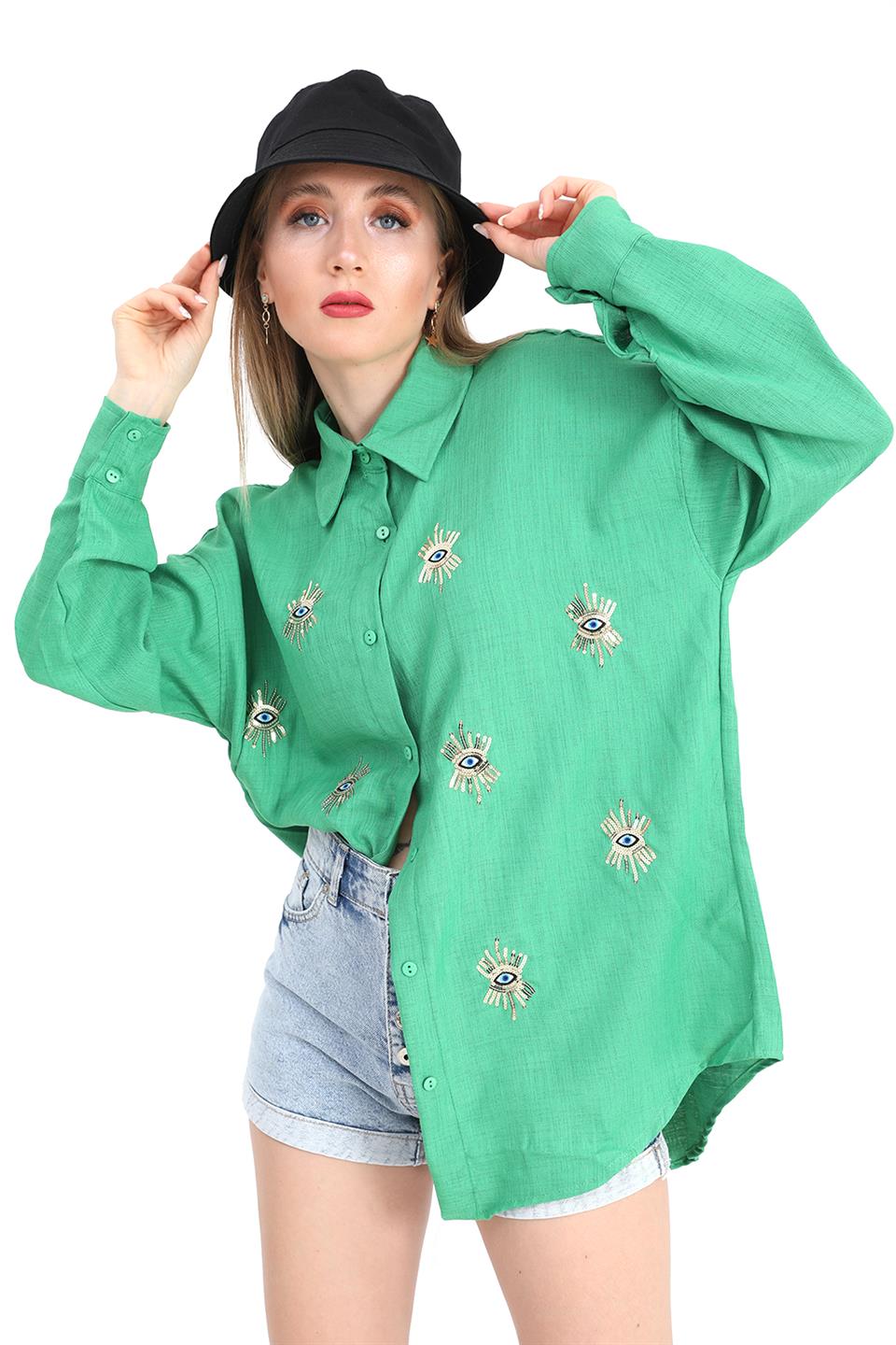 Women's Shirt Linen With Eye Embroidery - Green - STREET MODE ™