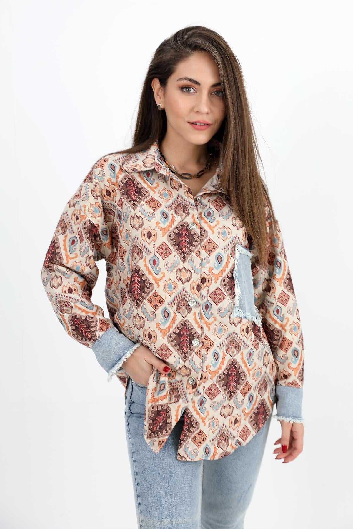 Women's Shirt Denim Garnish Printed Jacquard Quilted - Cinnamon - STREETMODE ™