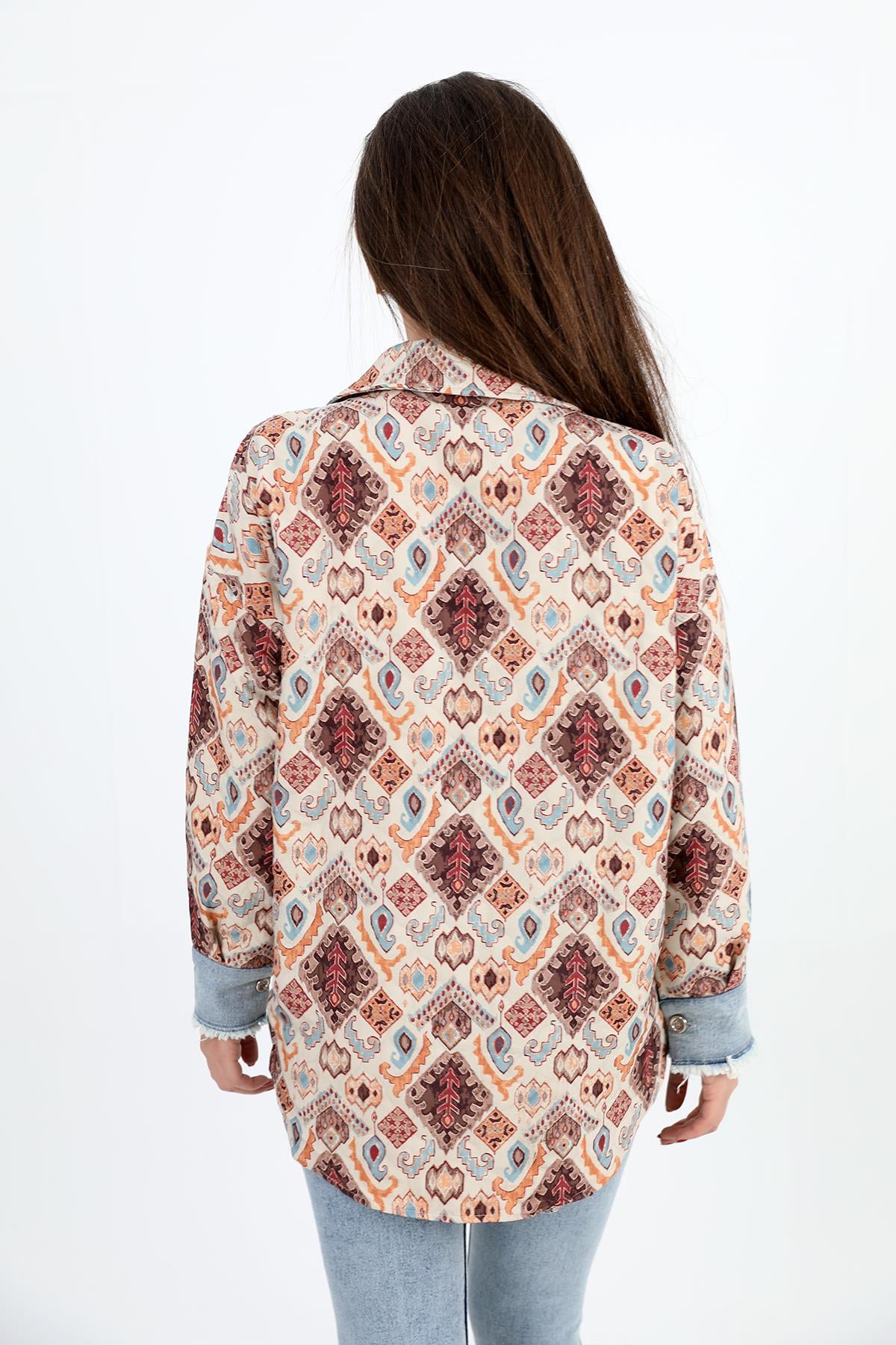 Women's Shirt Denim Garnish Printed Jacquard Quilted - Cinnamon - STREETMODE ™