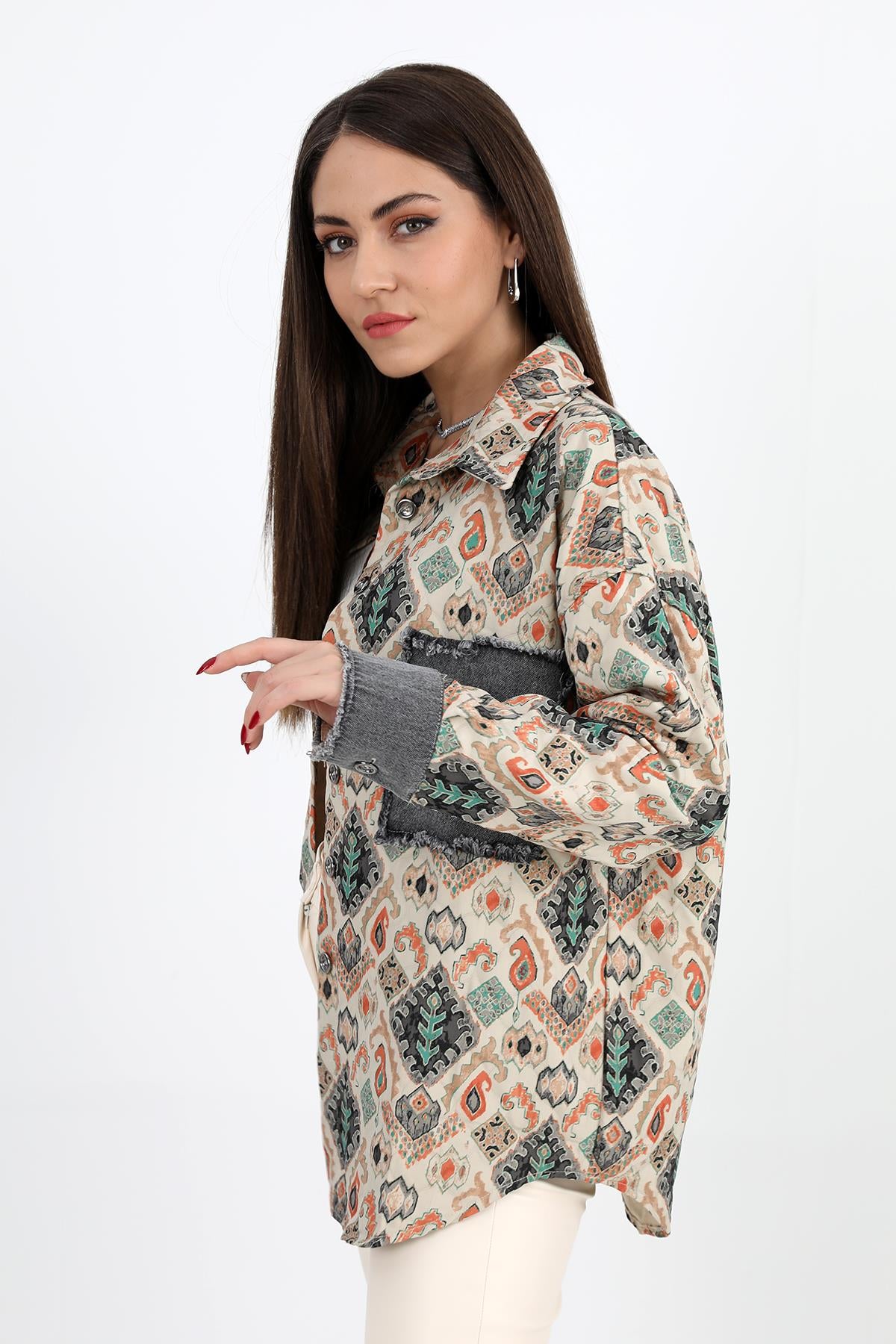 Women's Shirt Denim Garnish Printed Jacquard Quilted - Green - STREETMODE ™