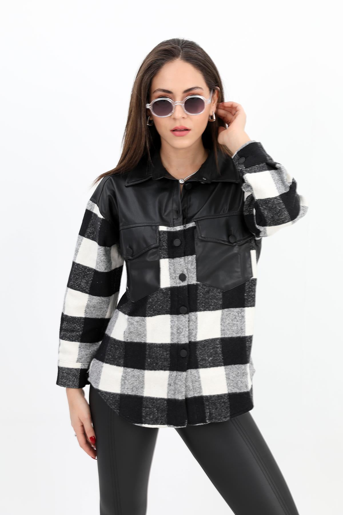 Women's Shirt Lumberjack Leather Garnished Pocket - Black - STREETMODE ™