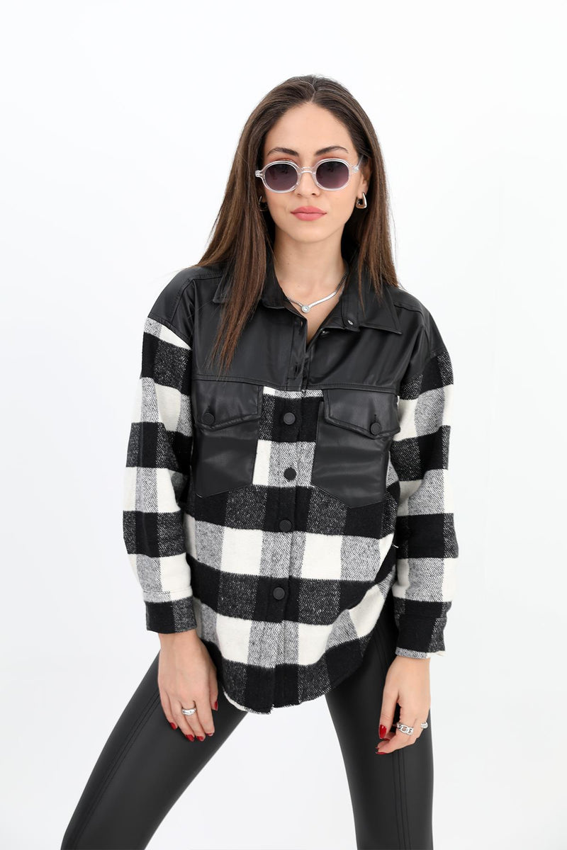 Women's Shirt Lumberjack Leather Garnished Pocket - Black - STREETMODE ™
