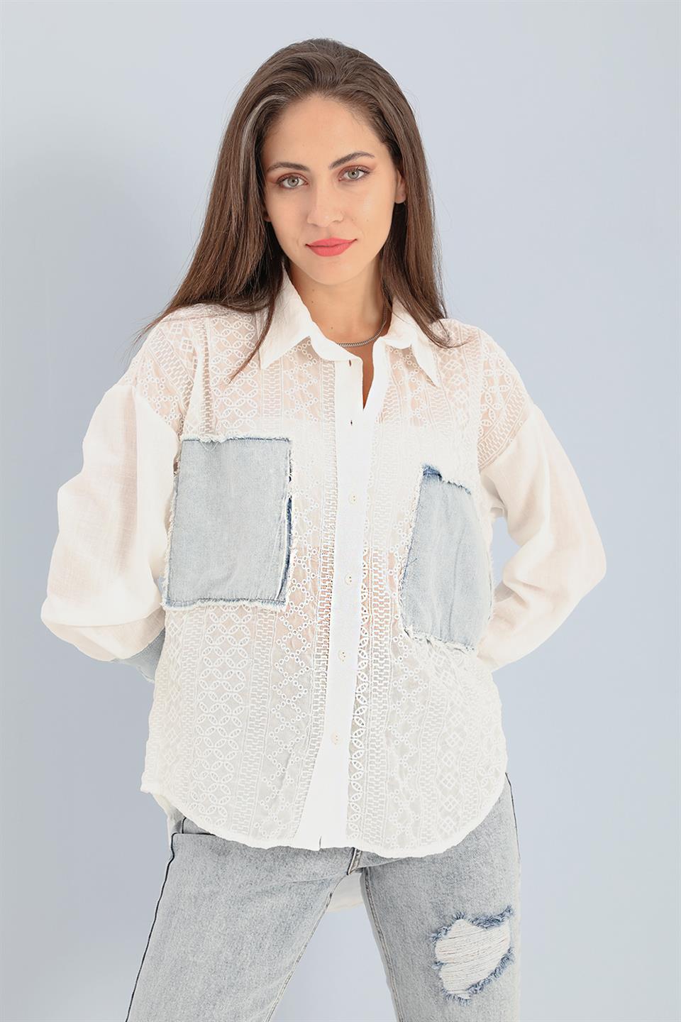 Women's Shirt Chiffon Embroidered Garnish - Ecru - STREET MODE ™