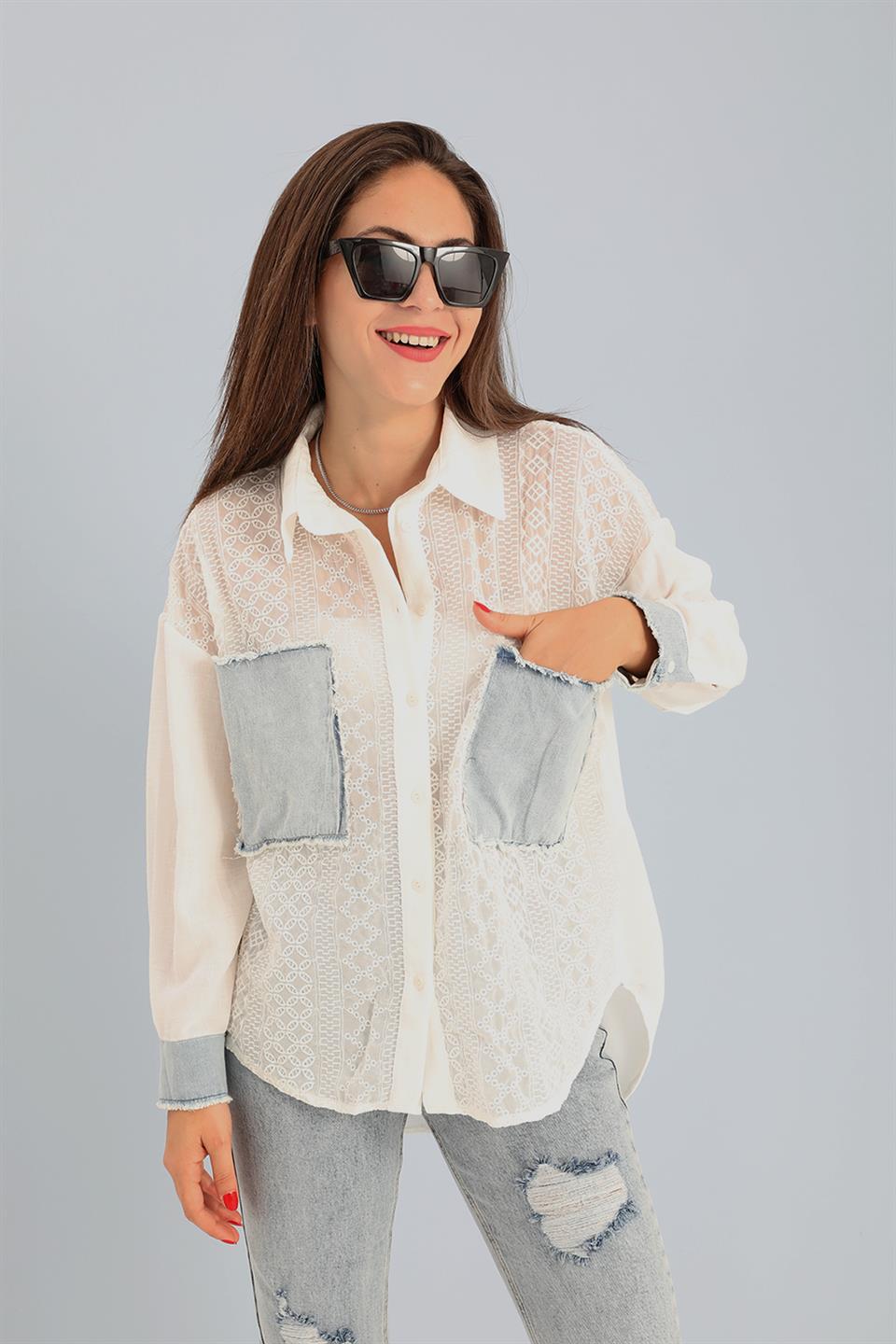 Women's Shirt Chiffon Embroidered Garnish - Ecru - STREET MODE ™