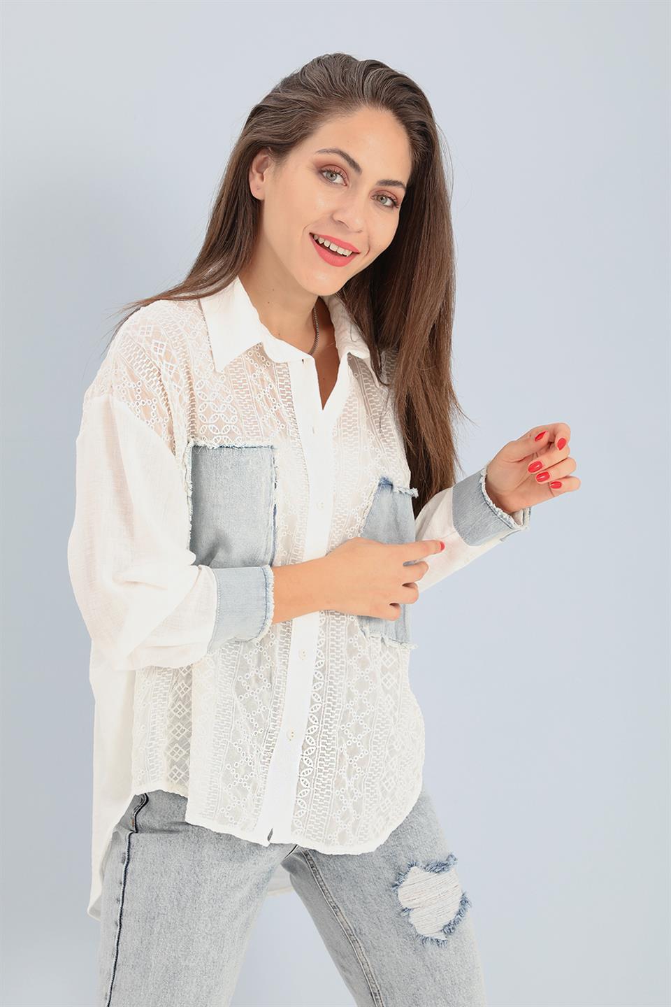 Women's Shirt Chiffon Embroidered Garnish - Ecru - STREET MODE ™