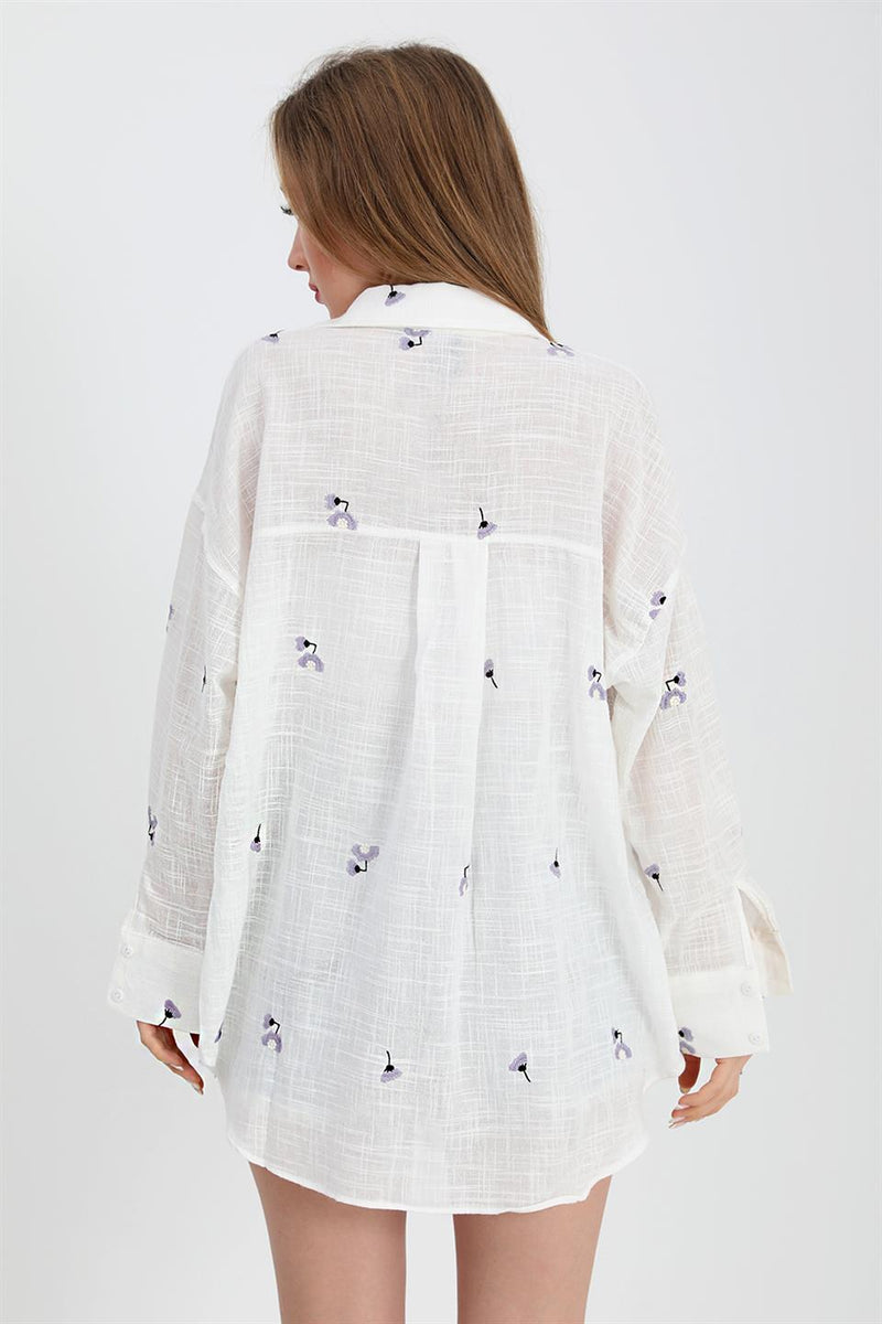 Women's Shirt V Neck Embroidered Linen - Ecru - STREETMODE ™