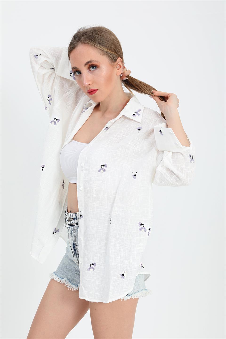 Women's Shirt V Neck Embroidered Linen - Ecru - STREETMODE ™