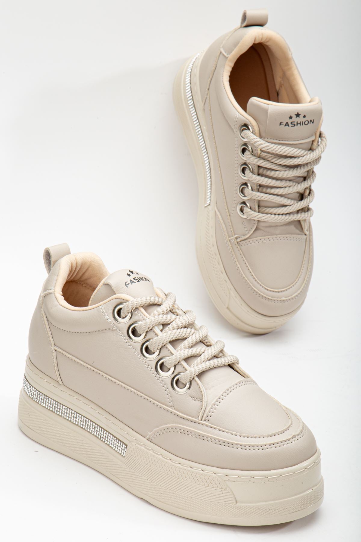 Women's Beige Hidden Heel Sneakers - STREETMODE ™