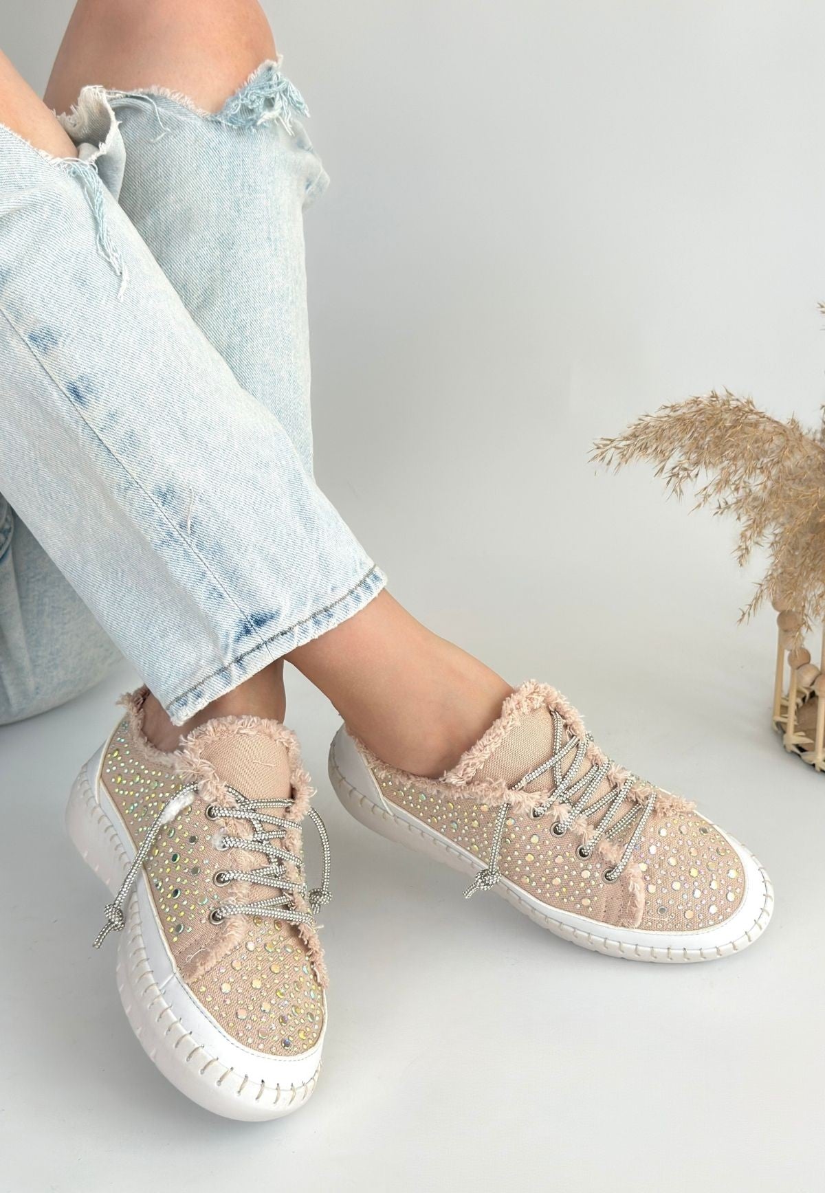 Women's Beige Denim Lace-Up Sneakers - STREETMODE ™