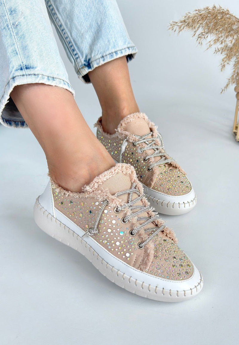 Women's Beige Denim Lace-Up Sneakers - STREETMODE ™