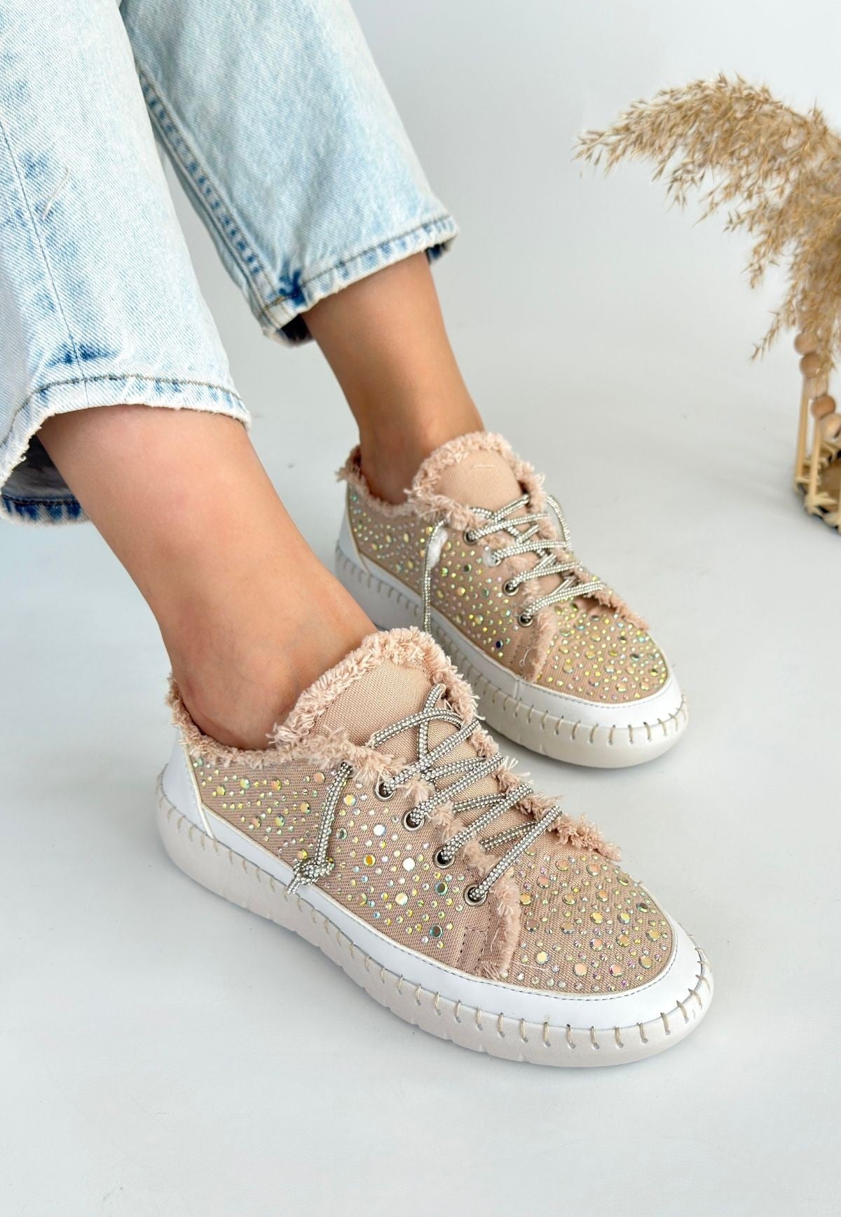 Women's Beige Denim Lace-Up Sneakers - STREETMODE ™
